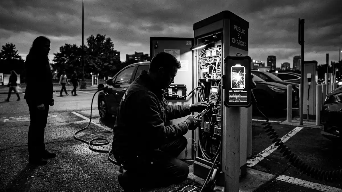 Schwarzweiss-Reportagebild mit Lade-Smartphone in dokumentarischer Arbeitsumgebung