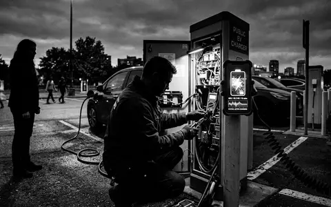 Schwarzweiss-Reportage mit Lade-Smartphone zum Thema EnBW mobility+, ISIN DE0005220008, hoher Kontrast, sachlich dargestellt - Foto: THN