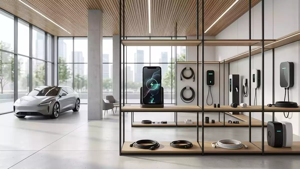 Architektur-Render im Mobilitätsfachhandel mit Lade-Smartphone im Ausstellungsbereich