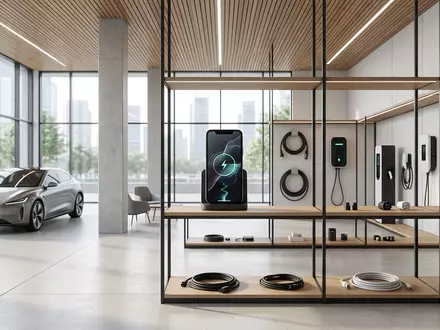 Architektur-Render im Mobilitätsfachhandel mit Lade-Smartphone zum Thema EnBW mobility+, ISIN DE0005220008, neutrales Tageslicht - Foto: THN