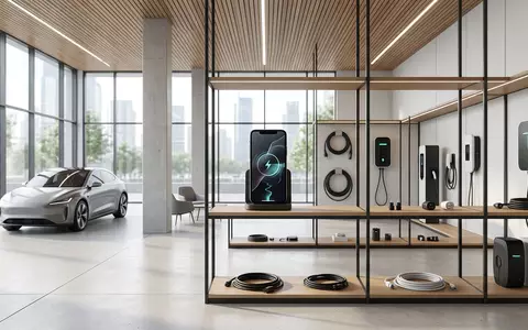 Architektur-Render im Mobilitätsfachhandel mit Lade-Smartphone zum Thema EnBW mobility+, ISIN DE0005220008, neutrales Tageslicht - Foto: THN