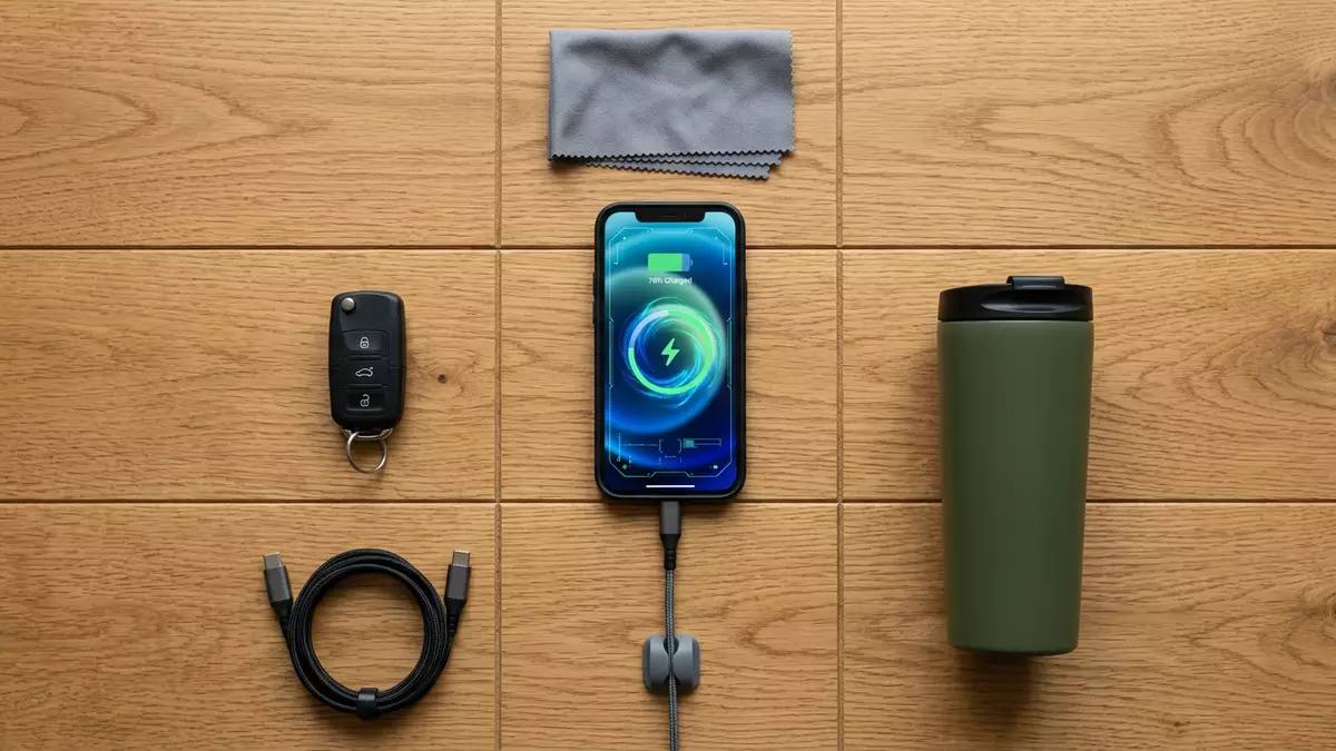 Flatlay-Arrangement rund um Lade-Smartphone mit passenden Requisiten von oben, neutral
