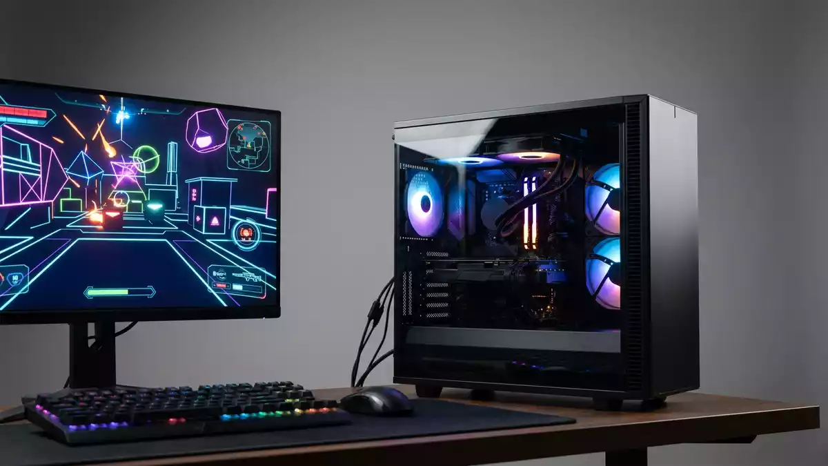 Fotorealistische Studioansicht von Gaming-PC in neutraler Produktdarstellung, neutral