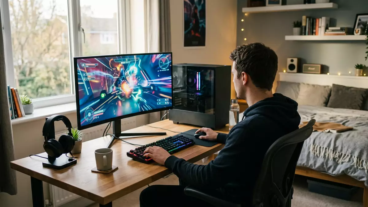 Fotorealistische Ansicht von Gaming-PC am Schreibtisch in realer Umgebung, neutral