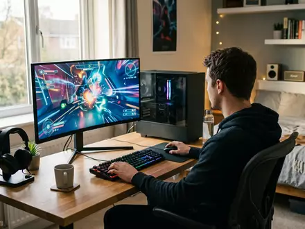 Fotorealistische Aufnahme von Gaming-PC am Schreibtisch zum Thema The Sims 4, ISIN US2855121099, natuerliches Licht - Foto: THN