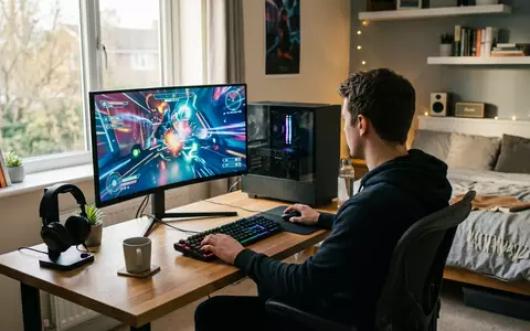 Fotorealistische Aufnahme von Gaming-PC am Schreibtisch zum Thema The Sims 4, ISIN US2855121099, natuerliches Licht - Foto: THN