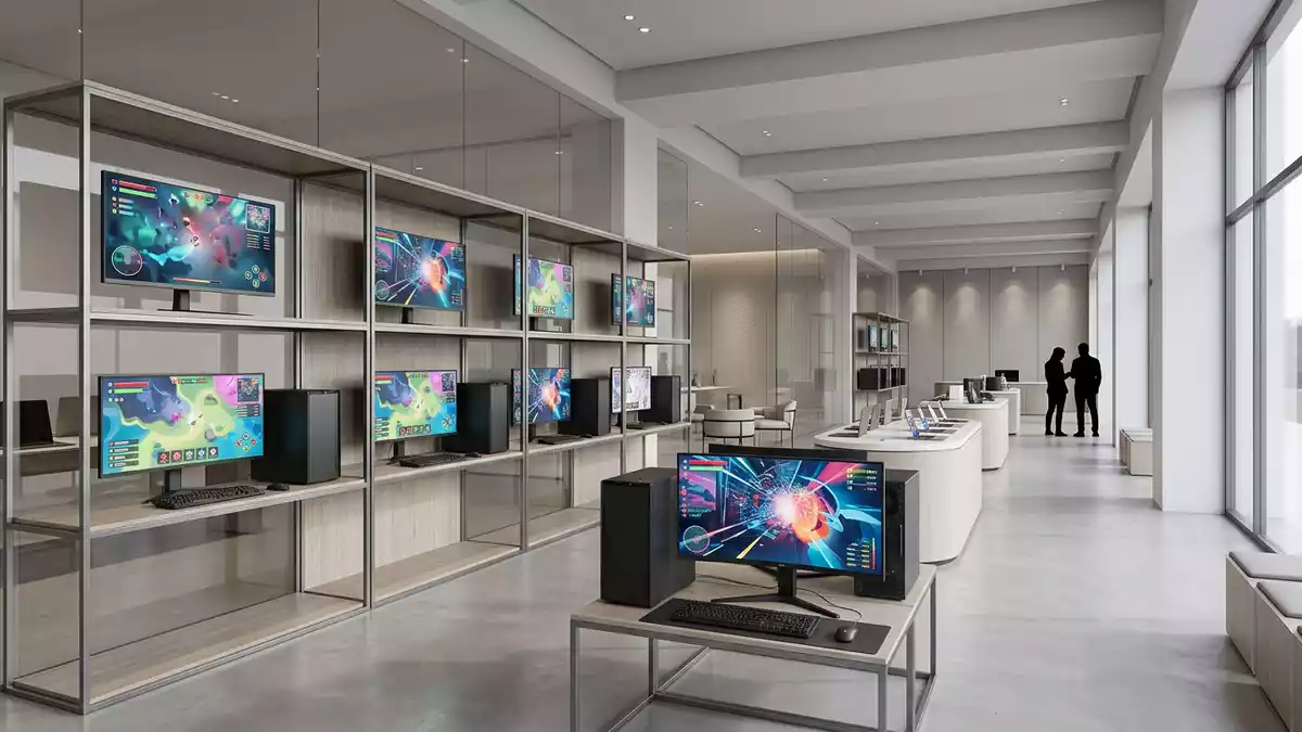 Architektur-Render im Elektronik-Fachmarkt mit Gaming-PC im Ausstellungsbereich