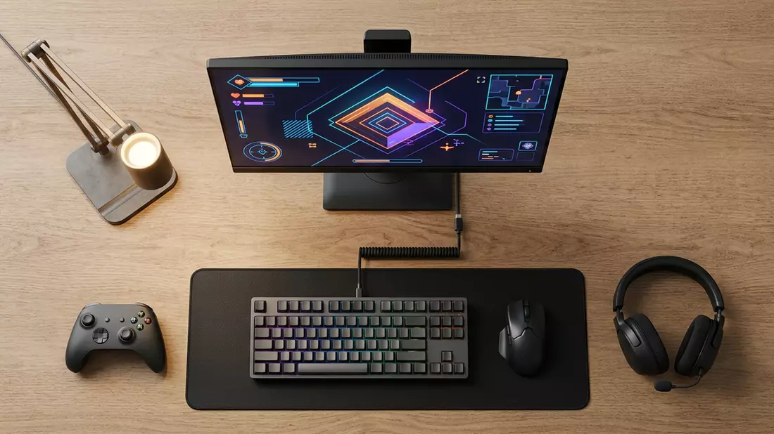Flatlay-Arrangement rund um Gaming-PC mit passenden Requisiten von oben, neutral