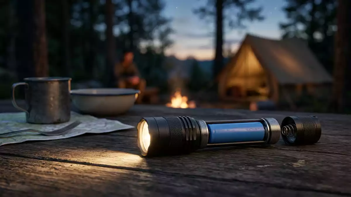 Fotorealistische Ansicht von Lithiumbatterie beim Camping in realer Umgebung, neutral