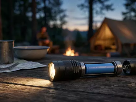 Fotorealistische Aufnahme von Lithiumbatterie beim Camping zum Thema Energizer Ultimate Lithium, ISIN US29272W1099, natuerliches Licht - Foto: THN