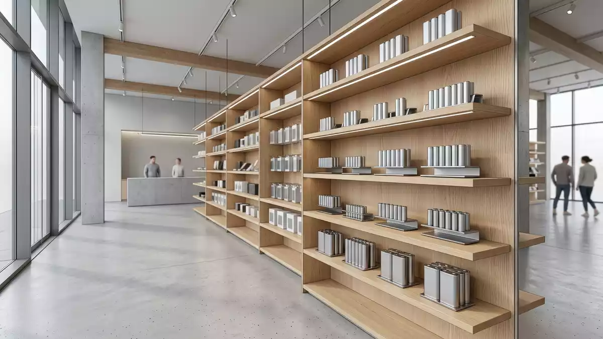 Architektur-Render im Elektronik-Fachmarkt mit Lithiumbatterie im Ausstellungsbereich
