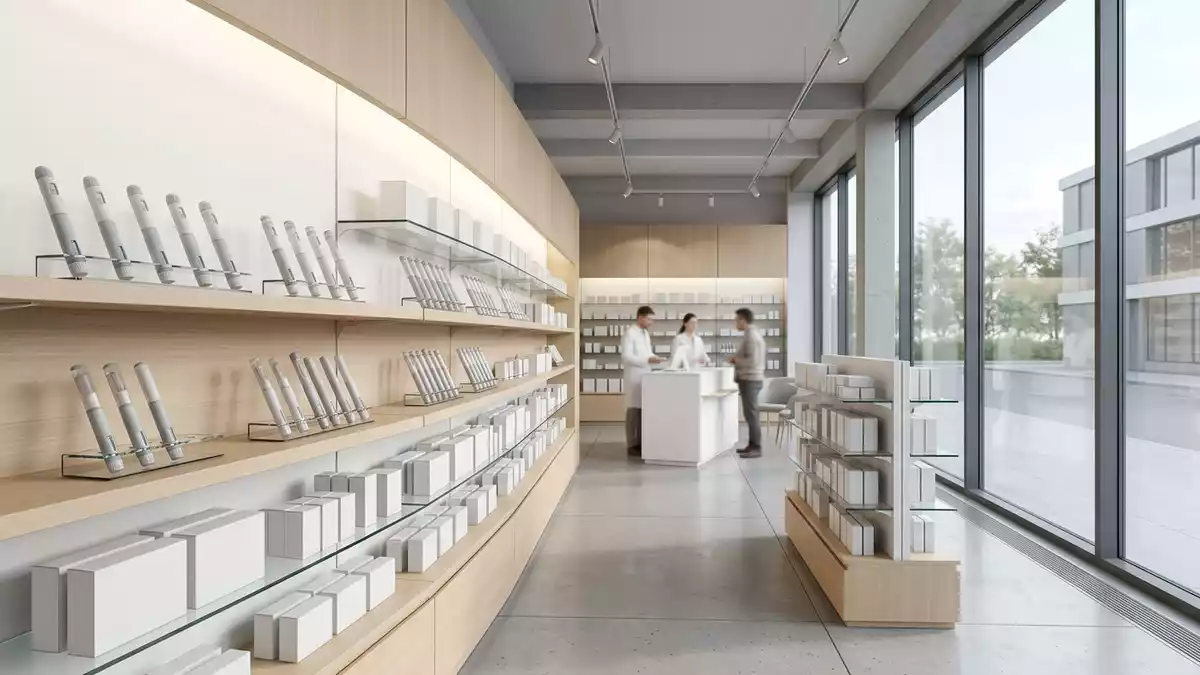 Architektur-Render im Apotheke mit Injektionspen im Ausstellungsbereich, neutral