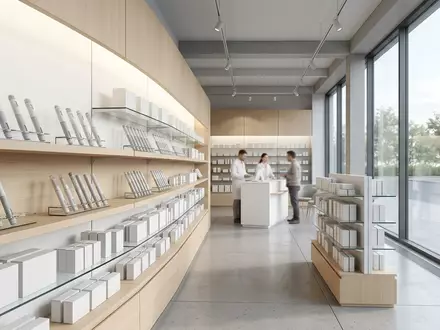 Architektur-Render im Apotheke mit Injektionspen zum Thema Mounjaro, ISIN US5324571083, neutrales Tageslicht - Foto: THN
