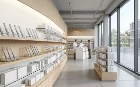 Architektur-Render im Apotheke mit Injektionspen zum Thema Mounjaro, ISIN US5324571083, neutrales Tageslicht - Foto: THN