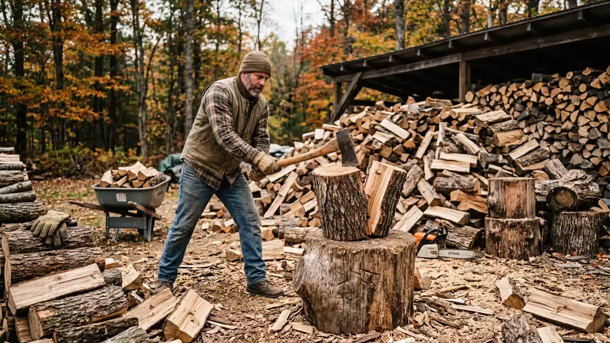 Fotorealistische Ansicht von Spaltaxt beim Holzspalten in realer Umgebung, neutral