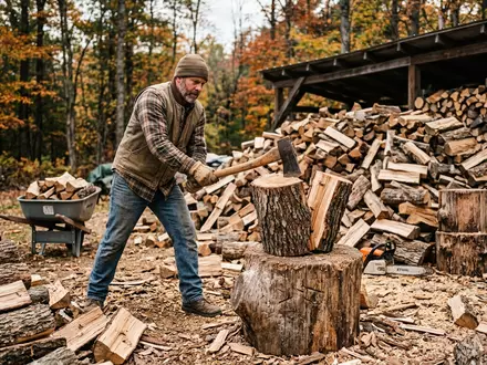 Fotorealistische Aufnahme von Spaltaxt beim Holzspalten zum Thema Fiskars Axt, ISIN FI0009000400, natuerliches Licht - Foto: THN