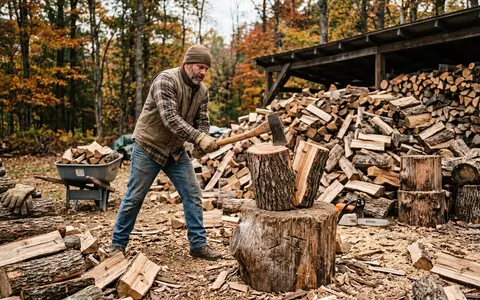 Fotorealistische Aufnahme von Spaltaxt beim Holzspalten zum Thema Fiskars Axt, ISIN FI0009000400, natuerliches Licht - Foto: THN