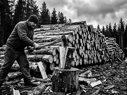 Schwarzweiss-Reportage mit Spaltaxt zum Thema Fiskars Axt, ISIN FI0009000400, hoher Kontrast, sachlich dargestellt - Foto: THN