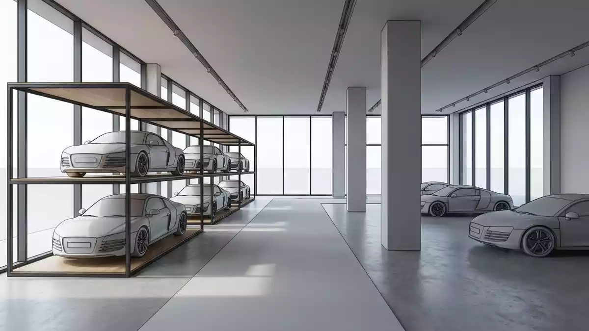 Architektur-Render im Autohaus mit Sportcoupé im Ausstellungsbereich, neutral