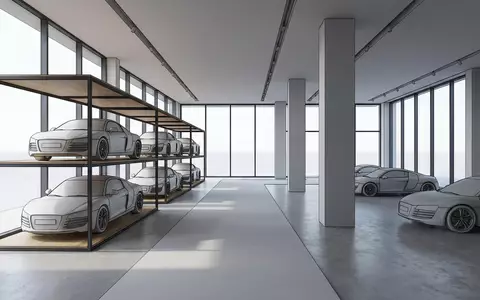Architektur-Render im Autohaus mit Sportcoupé zum Thema Ferrari 296 GTB, ISIN NL0011585146, neutrales Tageslicht - Foto: THN