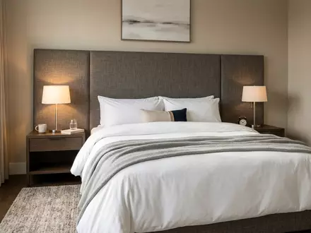 Fotorealistische Studioaufnahme von Hotelzimmer zum Thema Expedia Hotelbuchung, ISIN US30212P3038, klare Lichtfuehrung - Foto: THN