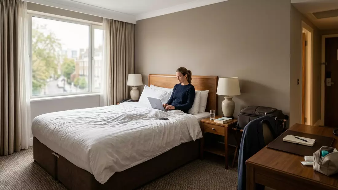 Fotorealistische Ansicht von Hotelzimmer im Hotelzimmer in realer Umgebung, neutral