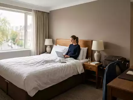 Fotorealistische Aufnahme von Hotelzimmer im Hotelzimmer zum Thema Expedia Hotelbuchung, ISIN US30212P3038, natuerliches Licht - Foto: THN