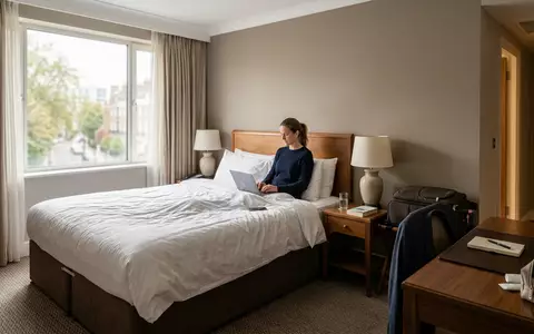 Fotorealistische Aufnahme von Hotelzimmer im Hotelzimmer zum Thema Expedia Hotelbuchung, ISIN US30212P3038, natuerliches Licht - Foto: THN