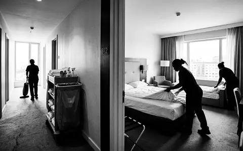 Schwarzweiss-Reportage mit Hotelzimmer zum Thema Expedia Hotelbuchung, ISIN US30212P3038, hoher Kontrast, sachlich dargestellt - Foto: THN