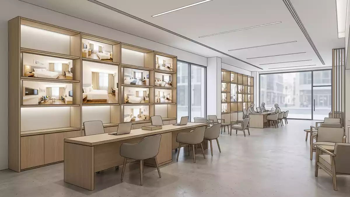 Architektur-Render im Reisebüro mit Hotelzimmer im Ausstellungsbereich, neutral