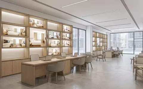 Architektur-Render im Reisebüro mit Hotelzimmer zum Thema Expedia Hotelbuchung, ISIN US30212P3038, neutrales Tageslicht - Foto: THN