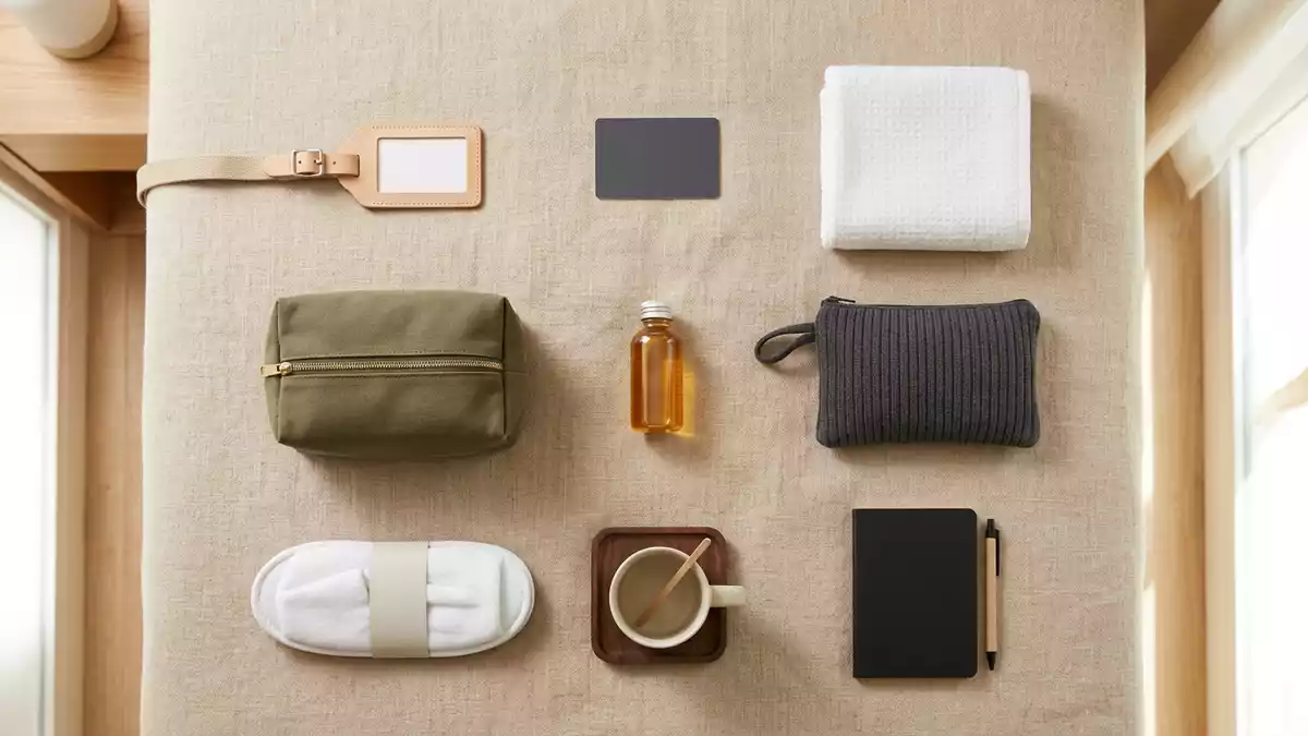 Flatlay-Arrangement rund um Hotelzimmer mit passenden Requisiten von oben, neutral