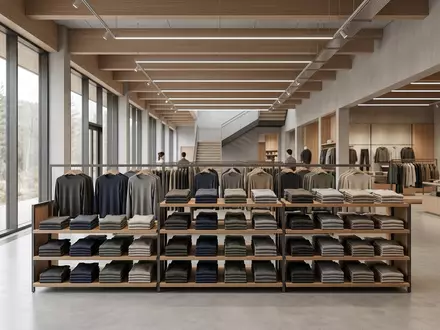 Architektur-Render im Outdoor-Fachhandel mit Thermounterhemd zum Thema Uniqlo Heattech, ISIN JP3802300008, neutrales Tageslicht - Foto: THN