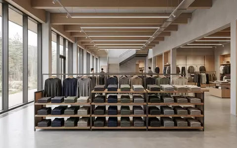 Architektur-Render im Outdoor-Fachhandel mit Thermounterhemd zum Thema Uniqlo Heattech, ISIN JP3802300008, neutrales Tageslicht - Foto: THN