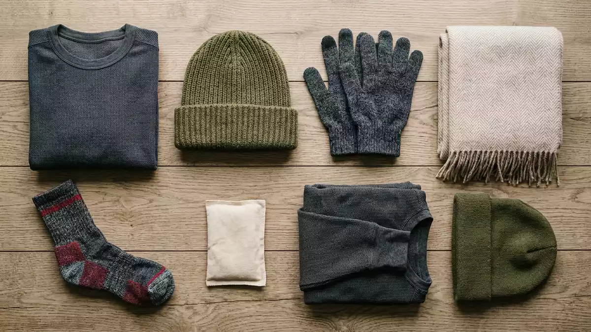 Flatlay-Arrangement rund um Thermounterhemd mit passenden Requisiten von oben, neutral