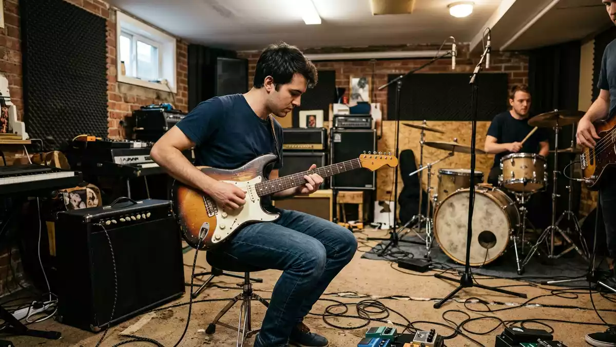 Fotorealistische Ansicht von Elektrogitarre im Proberaum in realer Umgebung, neutral