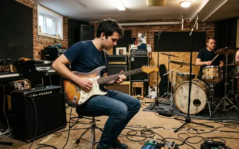 Fotorealistische Aufnahme von Elektrogitarre im Proberaum zum Thema Gibson . Ersatz, ISIN US30034W1060, natuerliches Licht - Foto: THN
