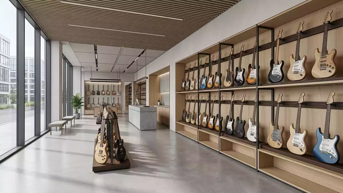 Architektur-Render im Musikfachhandel mit Elektrogitarre im Ausstellungsbereich