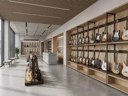 Architektur-Render im Musikfachhandel mit Elektrogitarre zum Thema Gibson . Ersatz, ISIN US30034W1060, neutrales Tageslicht - Foto: THN