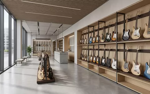 Architektur-Render im Musikfachhandel mit Elektrogitarre zum Thema Gibson . Ersatz, ISIN US30034W1060, neutrales Tageslicht - Foto: THN