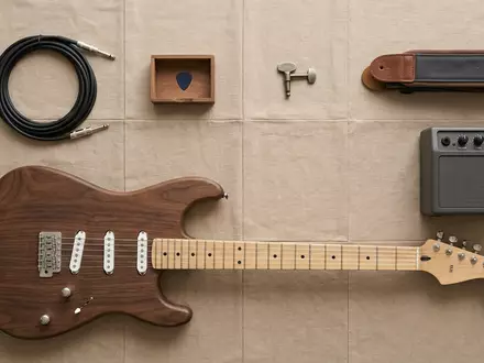 Flatlay-Arrangement rund um Elektrogitarre zum Thema Gibson . Ersatz, ISIN US30034W1060, weiches Oberlicht - Foto: THN