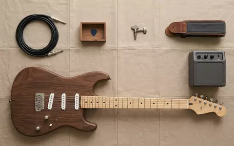 Flatlay-Arrangement rund um Elektrogitarre zum Thema Gibson . Ersatz, ISIN US30034W1060, weiches Oberlicht - Foto: THN