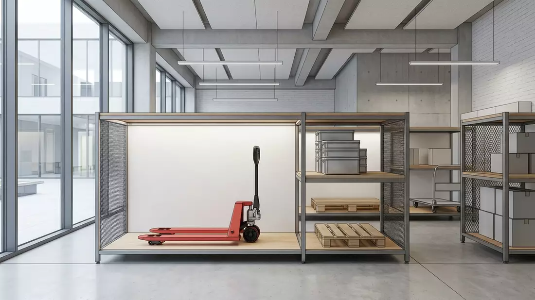 Architektur-Render im Lagertechnikhandel mit Hubwagen im Ausstellungsbereich, neutral