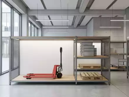 Architektur-Render im Lagertechnikhandel mit Hubwagen zum Thema Jungheinrich Ameise, ISIN DE0006202005, neutrales Tageslicht - Foto: THN