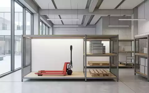 Architektur-Render im Lagertechnikhandel mit Hubwagen zum Thema Jungheinrich Ameise, ISIN DE0006202005, neutrales Tageslicht - Foto: THN