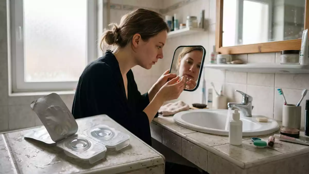 Fotorealistische Ansicht von Kontaktlinsen im Badezimmer in realer Umgebung, neutral