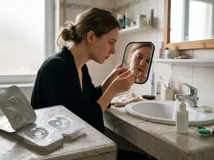 Fotorealistische Aufnahme von Kontaktlinsen im Badezimmer zum Thema Acuvue Kontaktlinsen, ISIN US4781601046, natuerliches Licht - Foto: THN