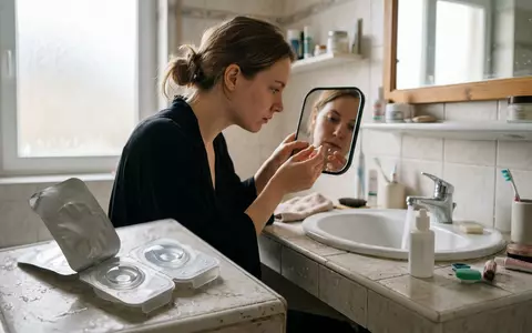 Fotorealistische Aufnahme von Kontaktlinsen im Badezimmer zum Thema Acuvue Kontaktlinsen, ISIN US4781601046, natuerliches Licht - Foto: THN