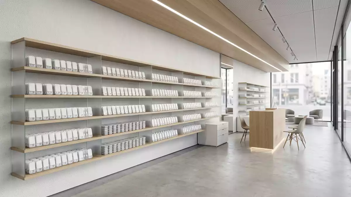 Architektur-Render im Optiker-Fachgeschäft mit Kontaktlinsen im Ausstellungsbereich