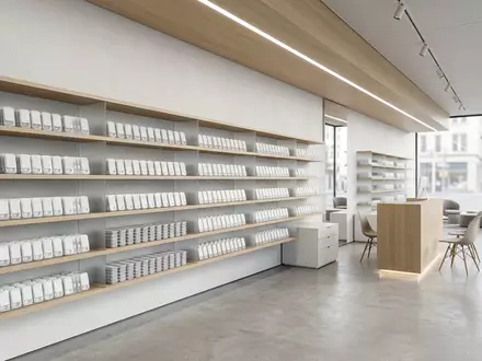 Architektur-Render im Optiker-Fachgeschäft mit Kontaktlinsen zum Thema Acuvue Kontaktlinsen, ISIN US4781601046, neutrales Tageslicht - Foto: THN